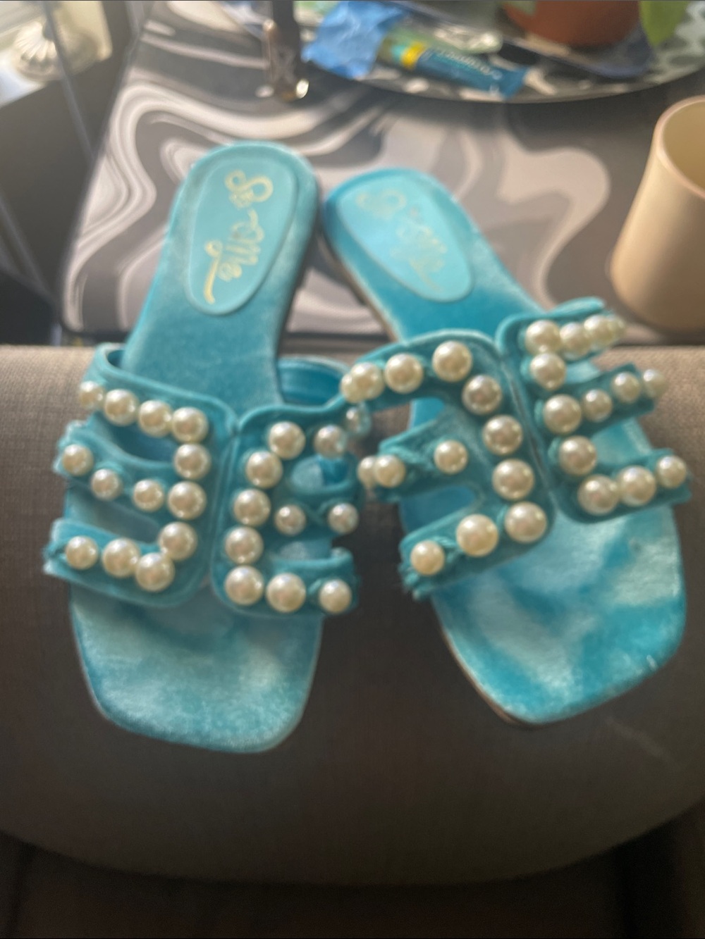 Turquoise Pearl-Embellished Slide Sandals